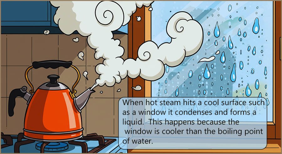 Steam from a kettle condensing on a cool window pane.